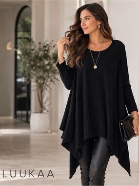 LUUKAA Long-sleeve Asymmetric Hem Black Knit Top